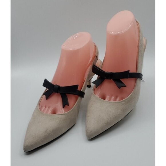 Nanette Lepore Shoes - Nanette Lepore Tan Faux Suede Hansel Black Bow Accent Heel Pump Shoe Size 7.5 M